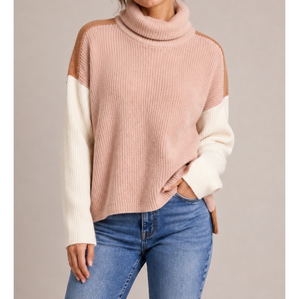 VICI Colorblock Turtleneck Sweater Women M/L Beige Ivory Roll-Neck Ribbed Knit